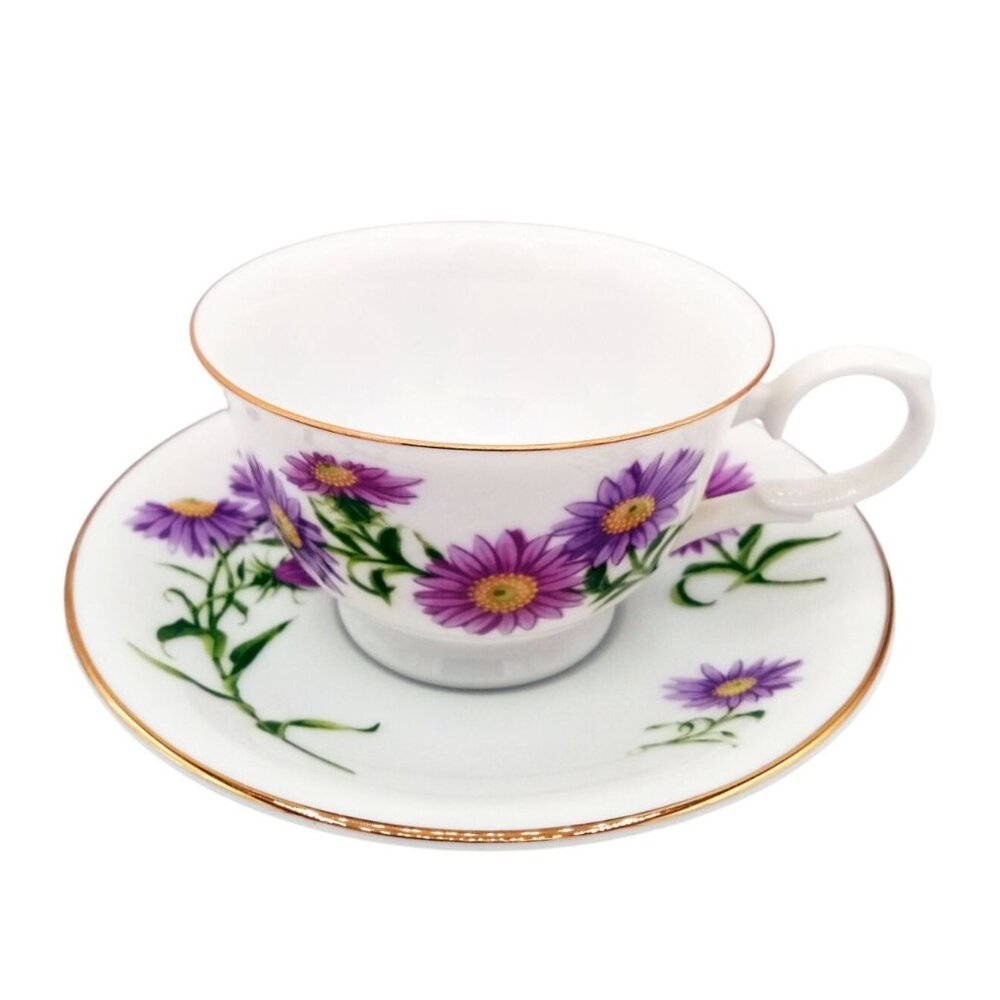 Teacup Saucer Set Avon September Aster Blossoms of Month Vintage 1991 Porcelain